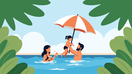 Happy family with child playing in swimming pool under large orange umbrella, representing summer vacation and fun holidays.