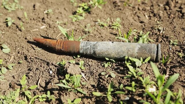 War aftermath unexploded artillery shell found in the grass of a civilian area.