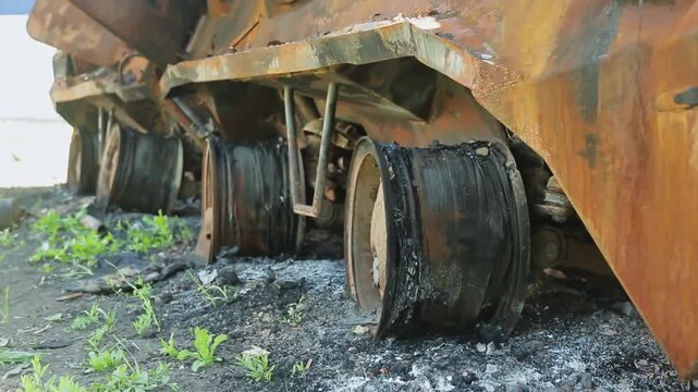 War devastation in Ukraine from destroyed armored vehicles and unexploded shells
