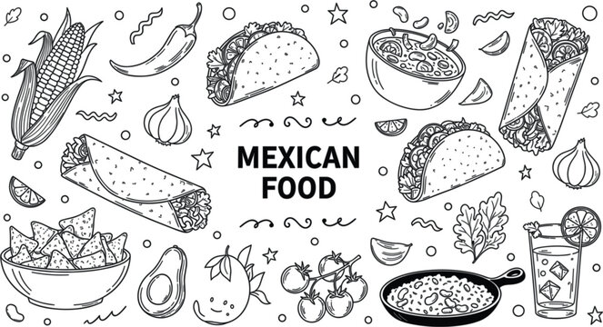Mexican food doodle set with tacos burritos nachos and ingredients in hand drawn line art style for restaurant menus and culinary designs.