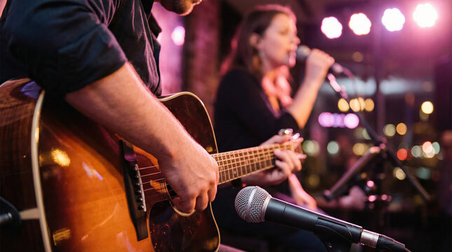 Close up of a musician playing acoustic guitar during a live performance with a female singer on stage.