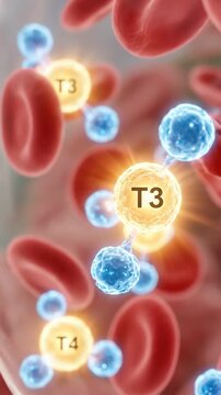 Thyroid hormone t3 t4 blood cell molecule medical science health concept art macro view with red cell endocrine molecule flow in plasma artery background healthcare education 3d illustration