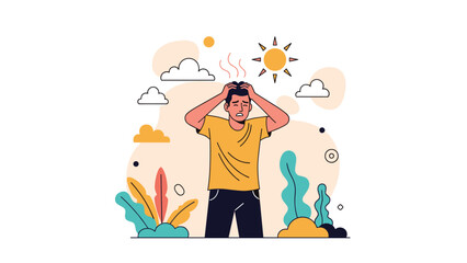 Obraz premium Tired young man looking stressed and sweating under a bright hot sun with heat lines and clouds in the background.
