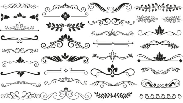 Large set of various black and white floral and ornamental line dividers and borders for graphic design projects.