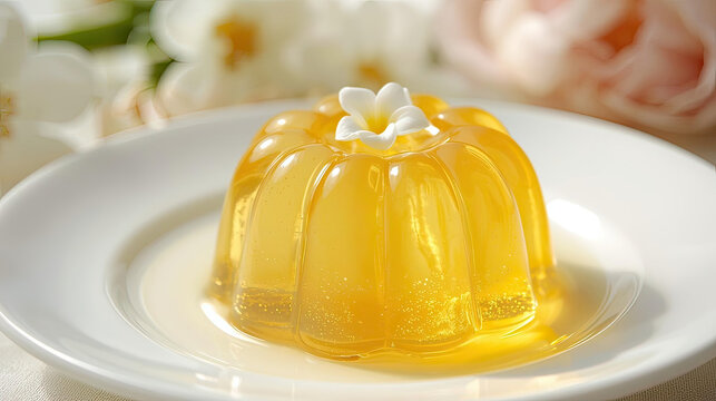 Delicious yellow jelly dessert with flower on white plate