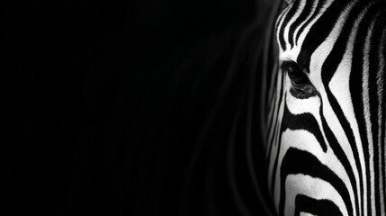 Fototapeta premium Zebra eye and face close up revealing striking black and white stripe pattern, concept of wildlife and uniqueness