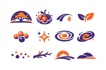 Cosmic Orchard Icons. Two-Color vector icons of space orchard scenes: cosmic tree arc, fruit cluster glow, stem line, leaf pair,