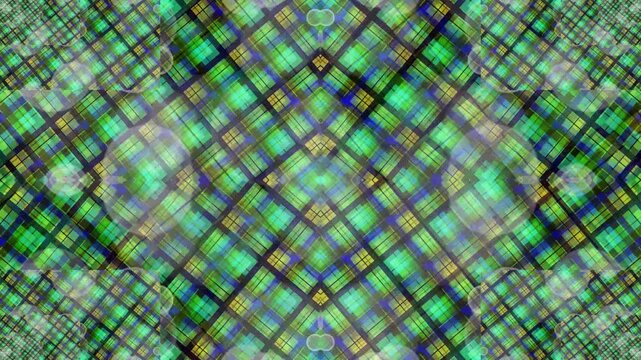 Green plaid pattern with multicolored squares.