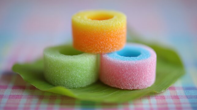 Colorful Kue Putu Bambu Ring Cakes Steamed and Stacked on a Leaf
