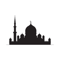 Silhouette of a majestic mosque with domes and a minaret against white © MUZIHID CREATION