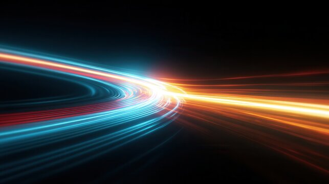 Dynamic Light Trails: An abstract digital art piece showcases vivid light trails of contrasting colors, evoking a sense of speed and energy across a dark backdrop. 