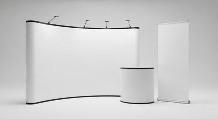 Modern trade show booth with customizable display panels and podium