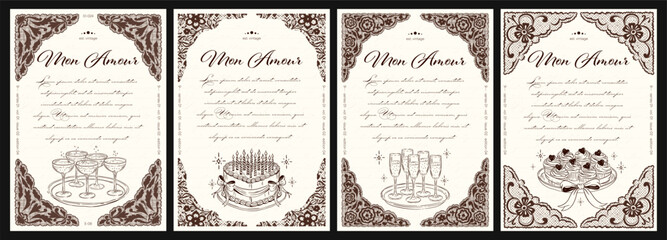 Vintage coquette lace cards set with elegant wedding elements birthday cake champagne cupcakes on retro paper background. © Alina Kolyuka