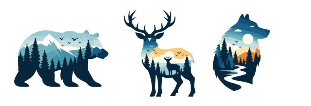 Nature double exposure trio: bear, stag with antlers and wolf silhouettes layered with snowy peaks, pine woods, winding river, birds and moonlit sunset, teal and amber vector design.