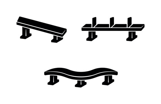 Solid vector icons of anti-loitering bench designs: tilted seat plank, spacing dividers, curved backless form; street fixture,