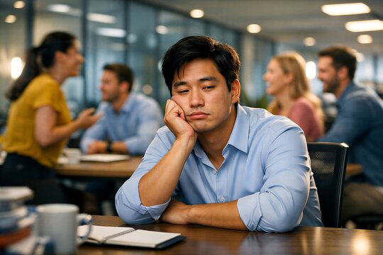 Bored office worker feeling disengaged during meeting in modern open office