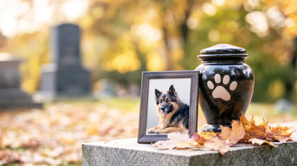 Pet urn with paw print and framed German Shepherd portrait remembering a beloved animal, placed on a grave in autumn
