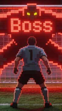 Vertical video: Boss display forming on net, keeper wearing 1 jersey holding goal line, defending