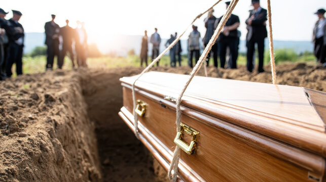 Funeral workers carefully lowering a wooden coffin into a burial plot during an outdoor ceremony, with grieving mourners in background