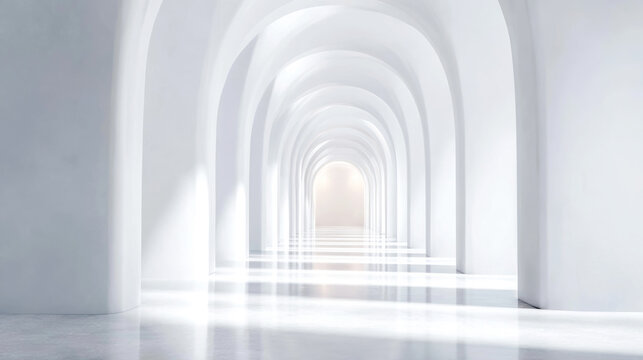White architectural corridor extending into distance, creating a futuristic clean tunnel with repeating arches and bright reflections
