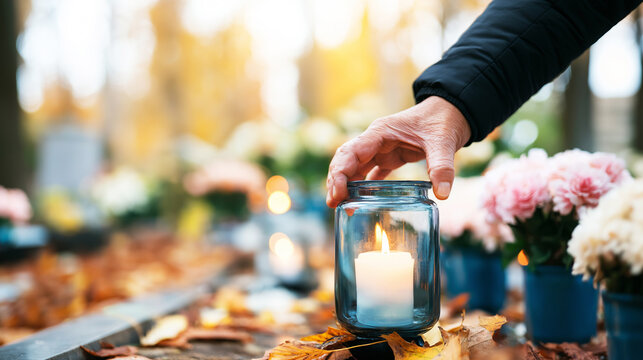 Hand placing a warm glowing candle lantern on a tombstone covered in autumn leaves and flowers, honoring memory