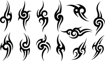 Abstract tribal swirl symbols set in black silhouette isolated on white background, decorative tattoo design collection