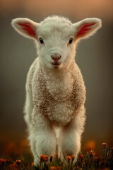 Obraz premium Sweet lamb stands in a field with flowers during Easter season in a rural area at sunset