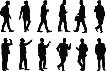 Set of business men walking and gesturing, corporate professional male silhouettes collection, different poses office workers vector illustration isolated on white background