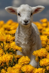 Obraz premium Lamb stands in a field of bright yellow flowers during Easter season in a rural location with blue skies