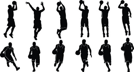 Basketball Player Silhouettes Set Featuring Athletes Dribbling Running and Jumping Action Poses for Sports Graphic Design and Competition Team Illustrations © MD SAKIL