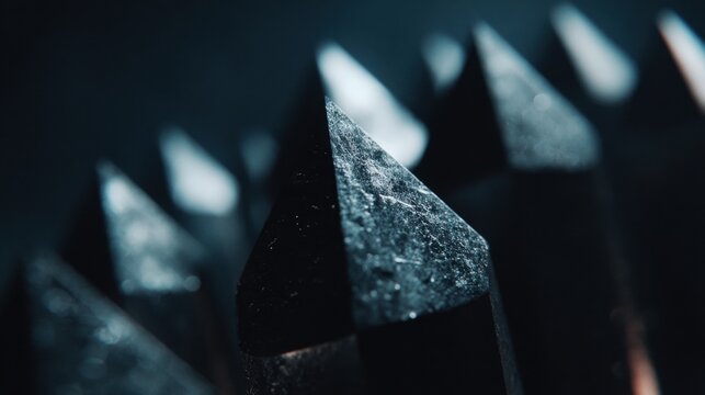 Close-up of a dark, faceted crystal mineral with sharp points and intricate textures
