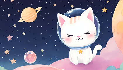 Astronaut kitten sitting atop pink cosmic planet