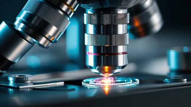 Close-Up View of Microscope Lens Focusing on Slide Sample Illumination