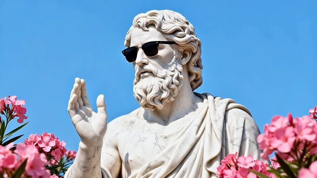 Marble statue with sunglasses and flowers