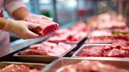 A fair-skinned adult male butcher in a white coat and gloves holds a large cut of fresh raw red meat in a professional grocery store meat department.