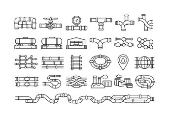 Obraz premium Collection of industrial pipeline and plumbing system icons in a clean line art style