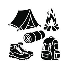 Camping icons set with tent fire backpack hiking boot and sleeping bag outdoors © OhiStock