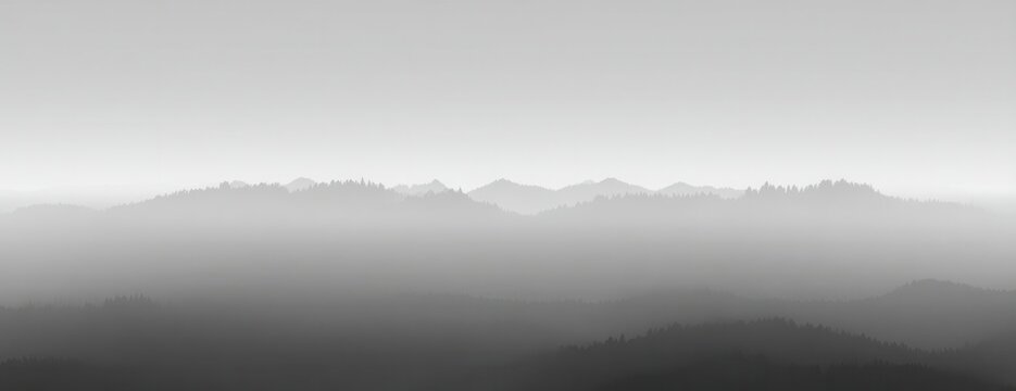Paisaje minimalista en blanco y negro con monta&ntilde;as cubiertas por una densa niebla matutina creando capas de siluetas suaves y misteriosas.
