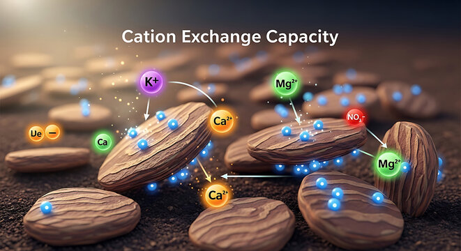 Cation exchange capacity illustration showing soil particles and ions exchange process naturally