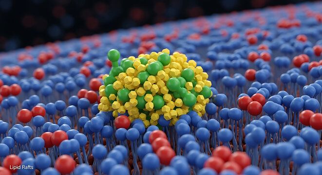 3D illustration of lipid rafts in cell membrane structure with colorful molecular representation