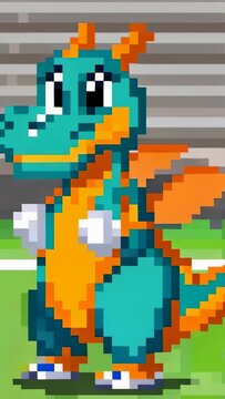 Vertical video: Loop starting pixel-art dragon stepping and waving on grass, with white gloves