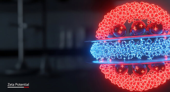 Scientific representation of zeta potential concept with positively and negatively charged particles in a layered structure