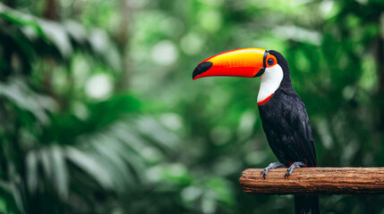 Fototapeta premium Toco toucan bird resting on a wooden branch in lush green rainforest, representing tropical wildlife
