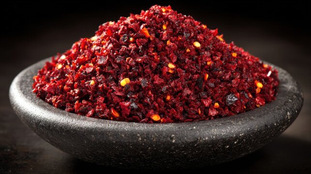 A dark stone bowl brimming with vibrant, fiery red chili flakes and coarse ground spices, a potent culinary ingredient ready for cooking.