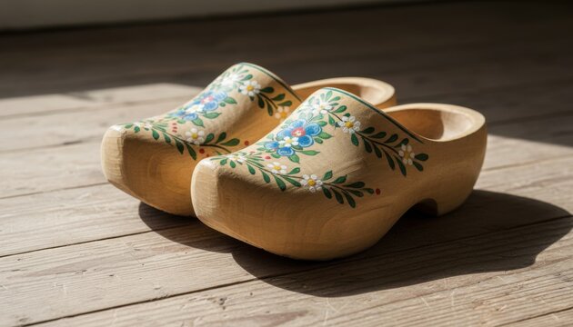 Exquisitely hand-painted wooden clogs adorned with vibrant floral designs, showcasing traditional European craftsmanship.
