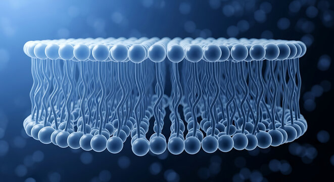 3D illustration of a cell membrane lipid bilayer structure with phospholipid molecules in blue tone