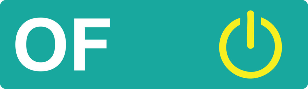 Teal rectangle with white o f text and yellow power button