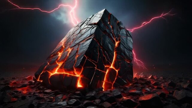 A dark, cracked monolith glows with lava-like light under a stormy sky, with lightning