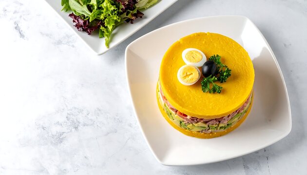 Bright overhead flat-lay of Peruvian Causa Lime&ntilde;a, a beautifully molded cylindrical layered yellow potato terrine with aji amarillo