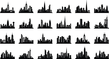 Black City Skyline Silhouette Set of Famous Urban Landmarks and Skyscraper Horizons Isolated on White Background for Modern Metropolis Design